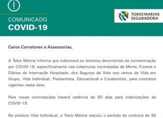 Tokio Marine indenizará os sinistros decorrentes da contaminação da COVID-19